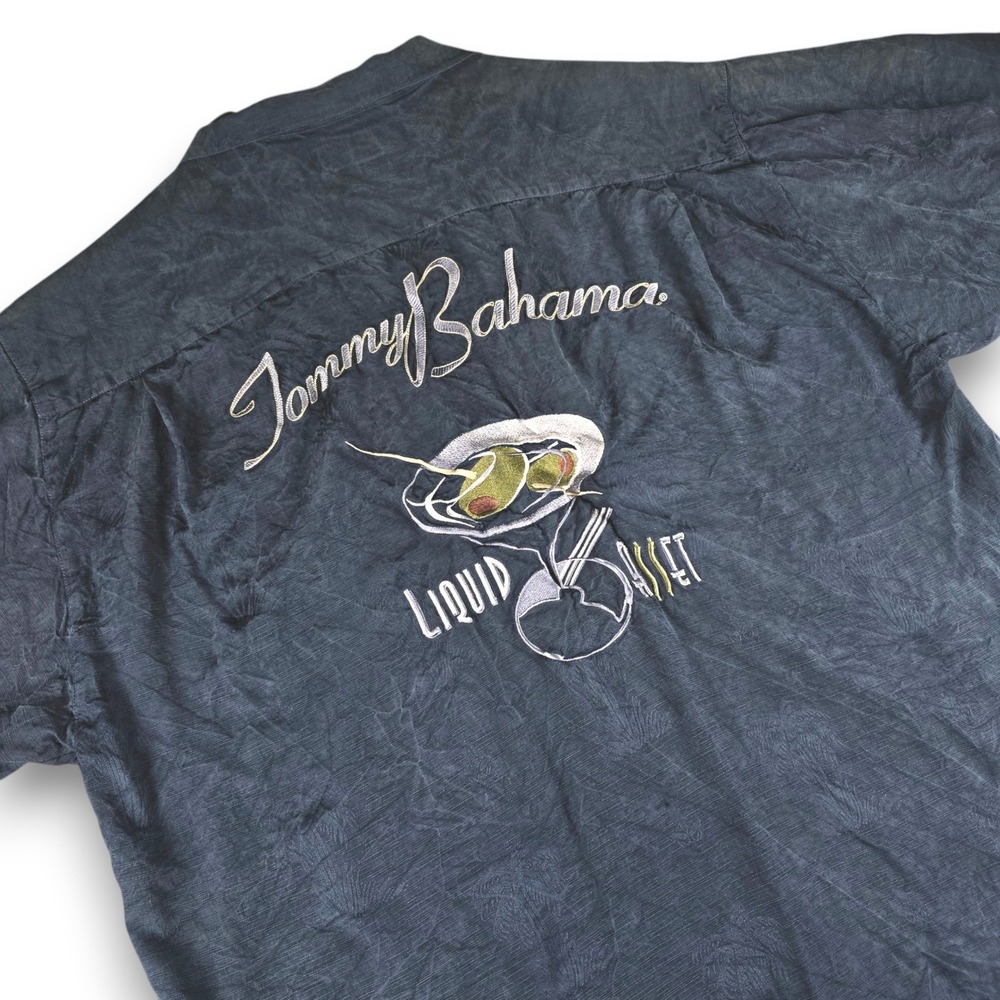 Tommy Bahama Mens XL Blue Silk Liquid Asset Martini Embroidered Camp Shirt S/S